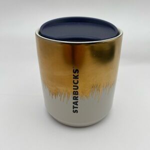 Starbucks Metallic Gold Drip Tumbler Navy Blue Lid 8oz